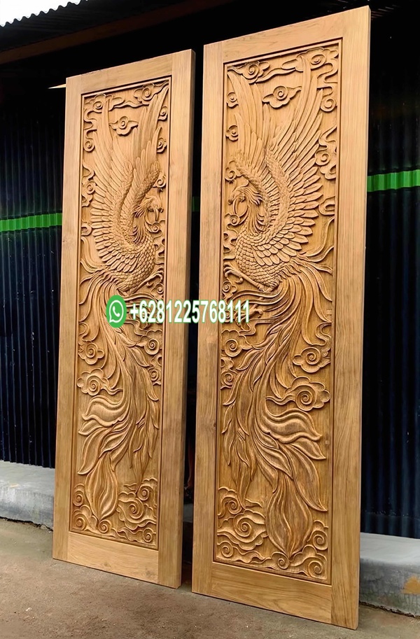 Pintu Rumah Ukir Burung Fenghuang Kayu Jati Solid